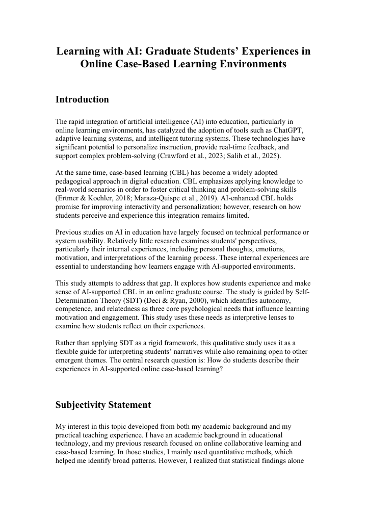 Preview of Ying Chen's EDU 603 qualitative research proposal on graduate students' experiences in AI-supported online case-based learning.