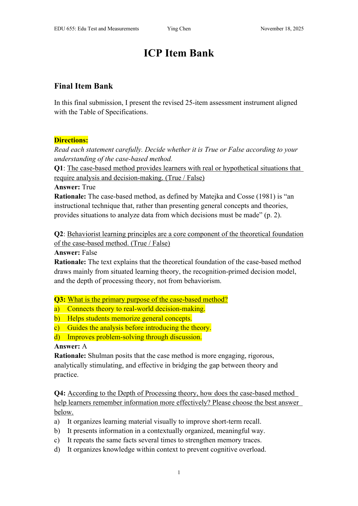 First-page preview of Ying Chen's EDU 655 ICP Item Bank.