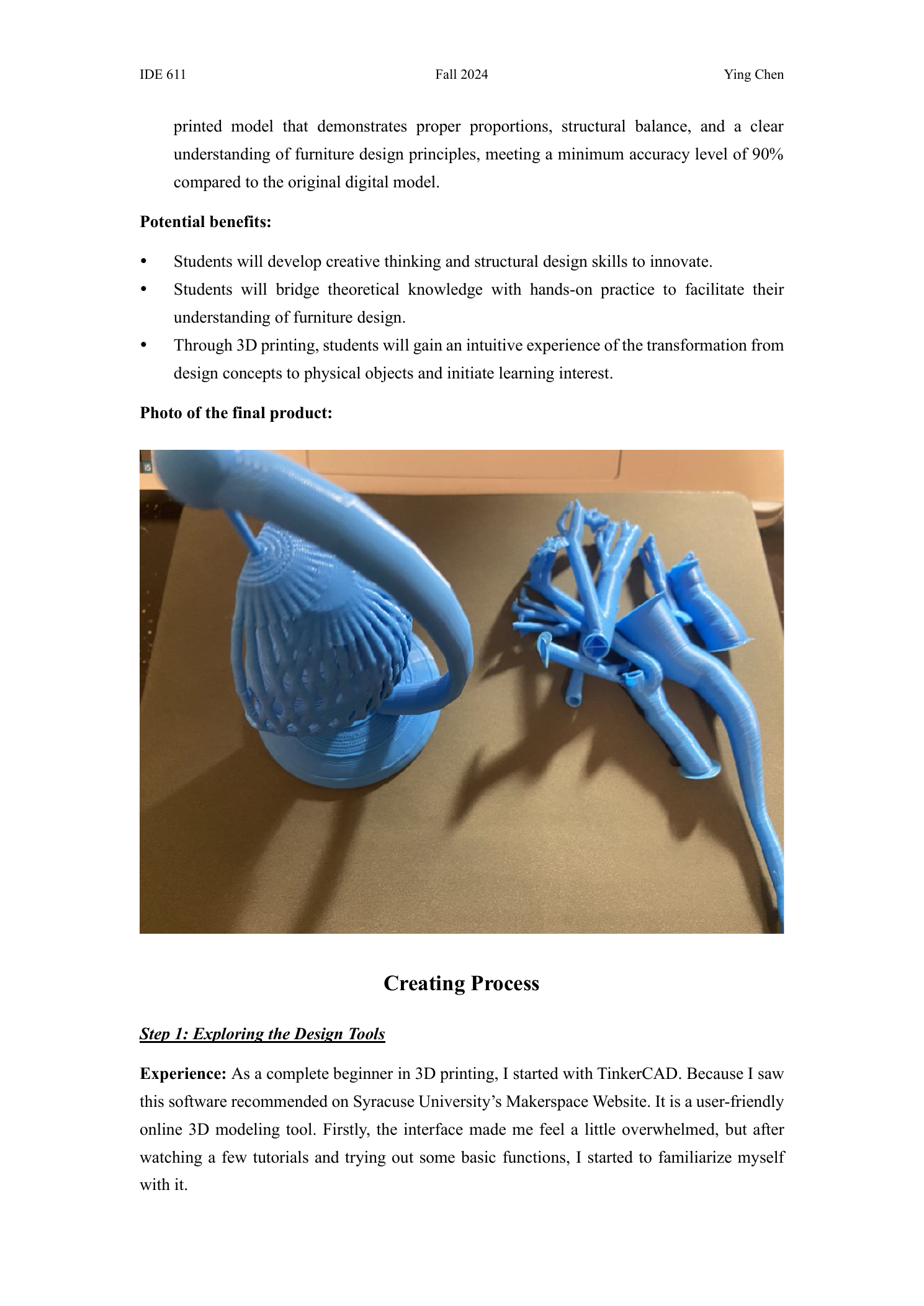 Preview of Ying Chen's IDE 611 Makerspace assignment documenting the design and 3D printing of a hanging chair model.