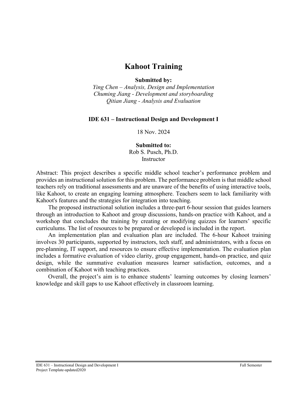 First-page preview of Ying Chen's IDE 631 Kahoot Training final instructional design report.