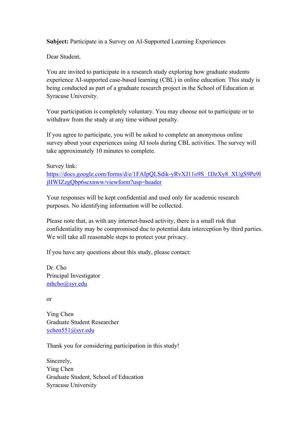 First-page preview of Ying Chen's IDE 742 participant recruitment email.