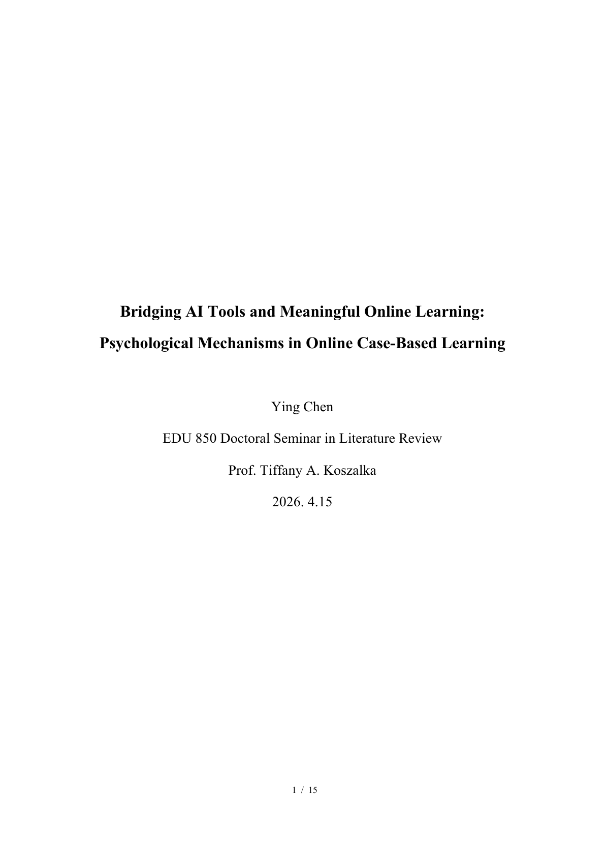First-page preview of Ying Chen's IDE 850 final literature review.