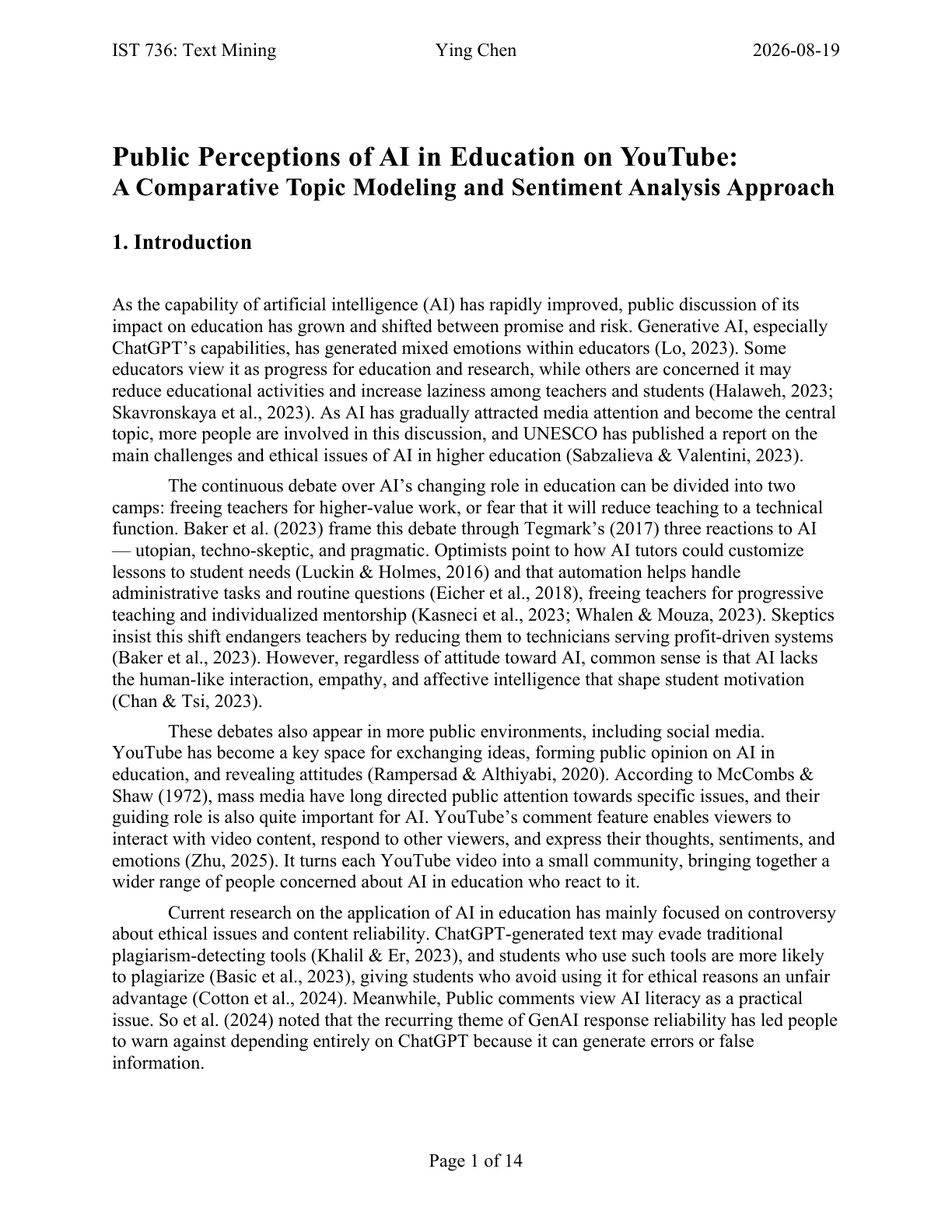First-page preview of Ying Chen's IST 736 final project report on public perceptions of AI in education on YouTube.