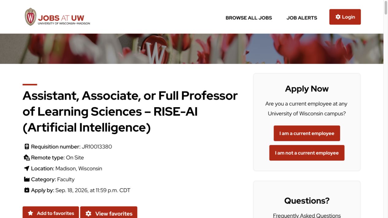 Official UW–Madison posting showing the Learning Sciences RISE-AI faculty position title and summary metadata.