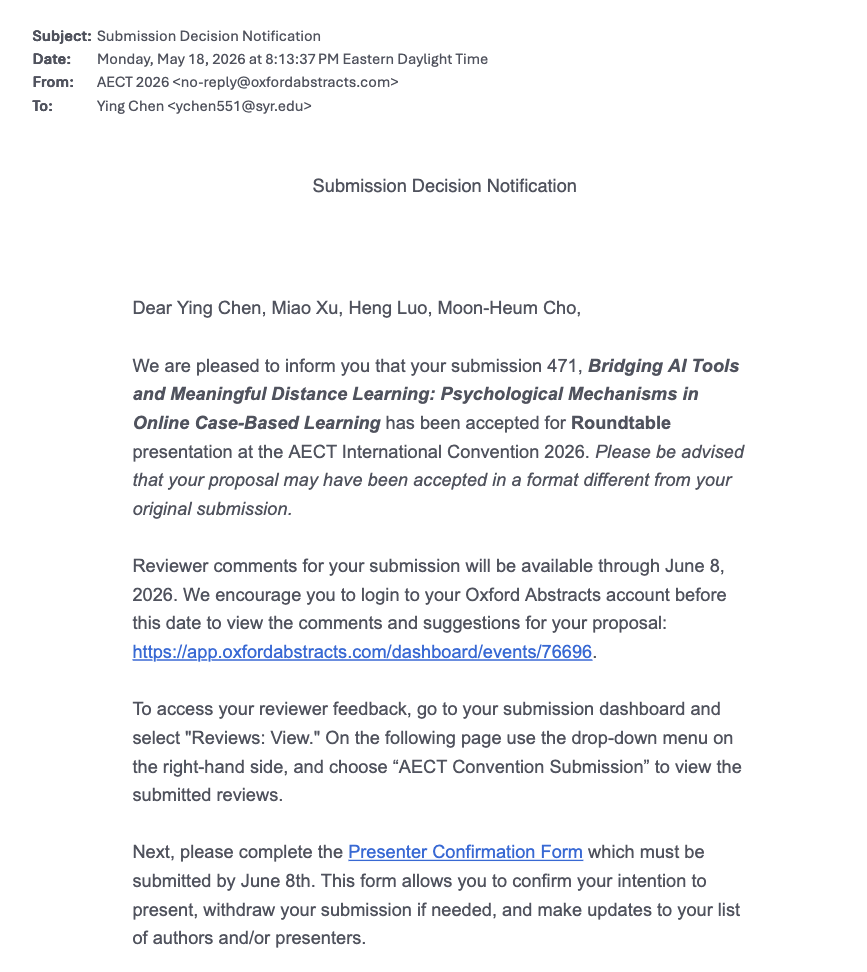 AECT 2026 acceptance notification for the presentation on AI tools and meaningful distance learning.