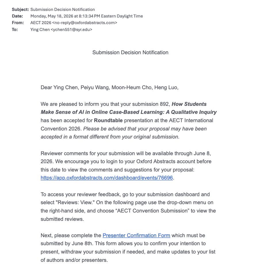 AECT 2026 acceptance notification for the qualitative inquiry presentation.
