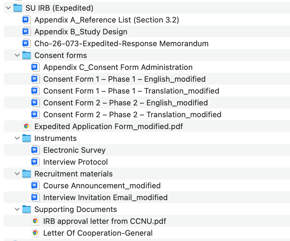 File overview showing prepared IRB materials.