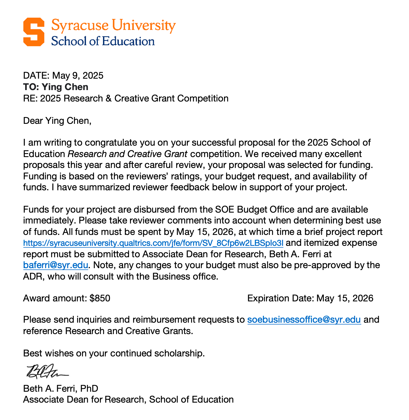 Award letter for the School of Education Research and Creative Grant.