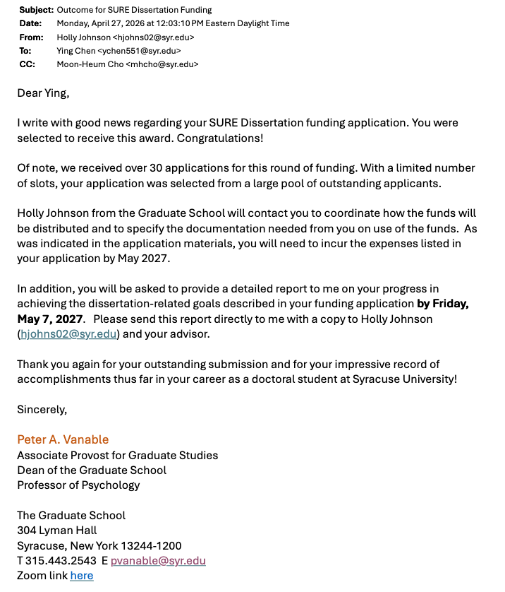 Award notification for the SURE Dissertation Grant Program.